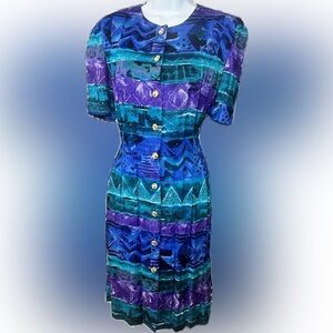 Vintage Vibrant Blue and Purple Abstract Print Dress with Gold Buttons